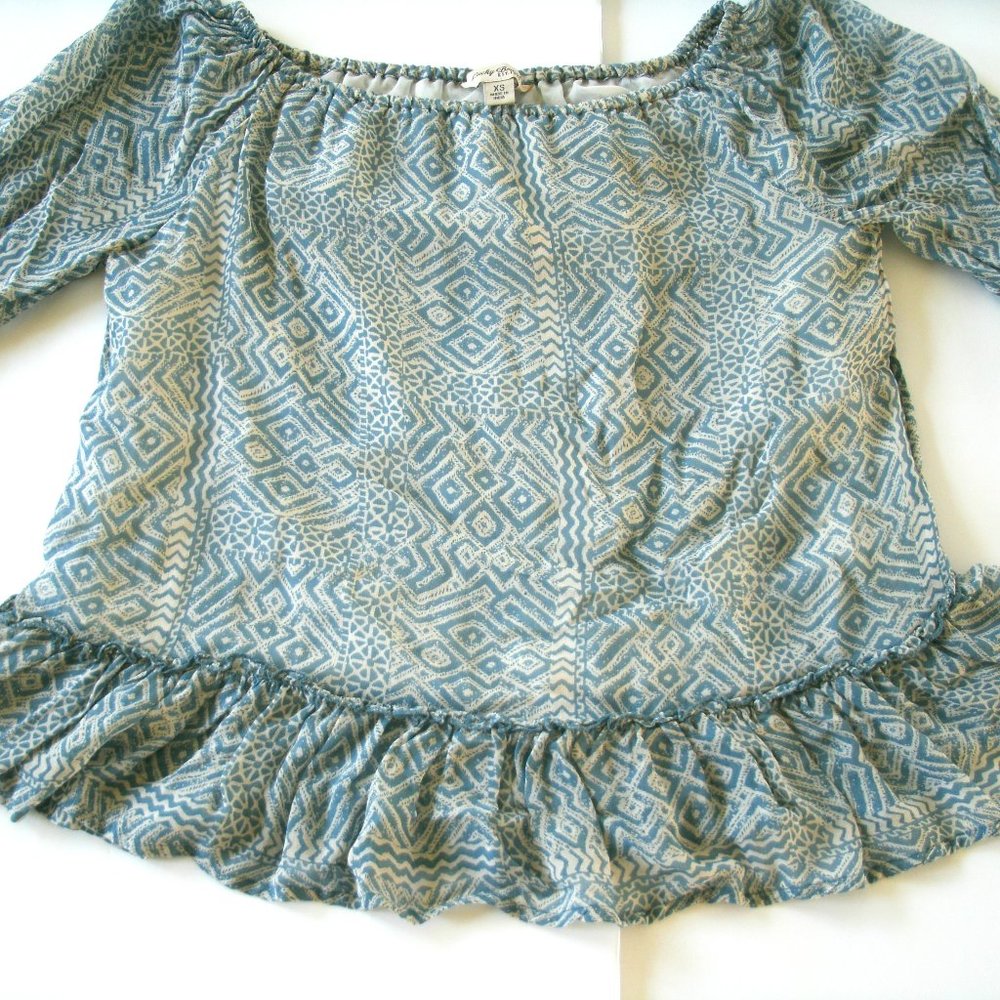 Lucky Brand Blouse Blue Maze Off Shoulder Peplum Ruffle Top Size XS